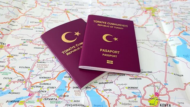 Photo series of Republic of Turkey passports in Turkish text"T&uuml;rkiye Cumhuriyeti Pasaport" on the white background and Turkey`s road map in Turkish language