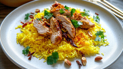 Delicious chicken and yellow rice meal. Flavorful, vibrant dish for a great dinner.
