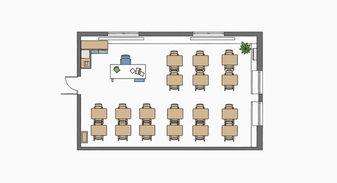 Top-down view of a classroom layout with desks arranged in rows facing the teacher's desk.