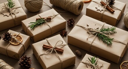 Festive gift wrapping flat lay with natural elements for holiday celebrations