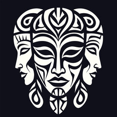Triune Mask Design: Intricate Tribal Faces on a Dark Background