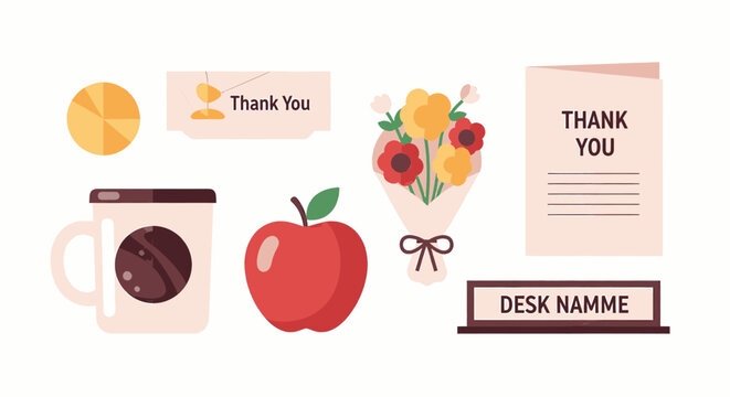 Illustration of a thank you gift set including flowers, apple, coffee, and a card.