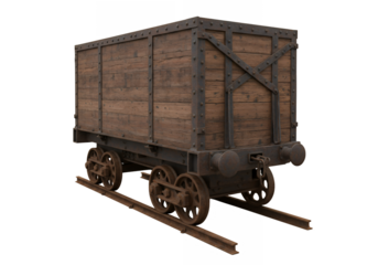 A weathered wooden mine cart sits on rusted rails against a black backdrop showing its rustic design