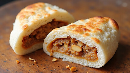Close Up Shot Of A Cut Open Pastry Filled With Peanuts And A Brown Filling On A Wooden Surface