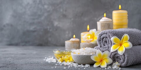 Spa scene with candles, towels, and flowers