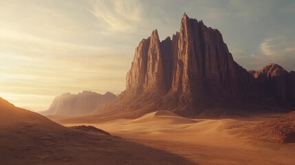 Naklejka premium Majestic sandstone peaks rise from a vast, sun-drenched desert landscape at sunset.