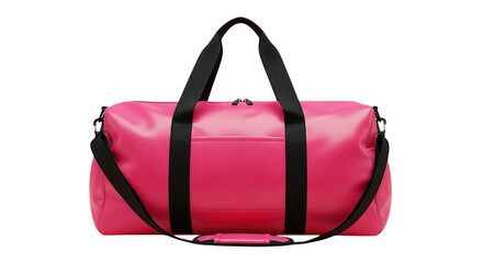 Bright pink duffle bag with black straps isolated on transparent background