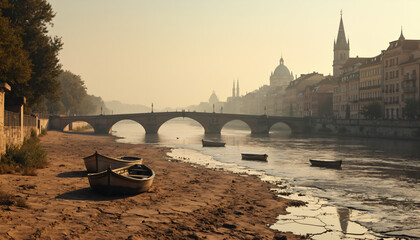 Obraz premium River View with Bridge, Boats, and Buildings