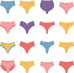 Extensive Collection of Colorful Women's Underwear: Diverse Panty Styles in Vibrant Hues - Essential Lingerie Flat Vector Set.