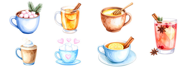 Watercolor winter collection of warm beverages with transparent background