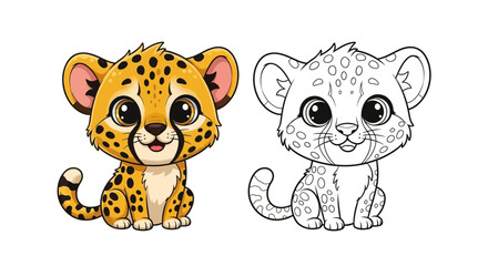 Obraz premium Playful Cartoon Cat Character Sitting: Split-View Color and Line Art