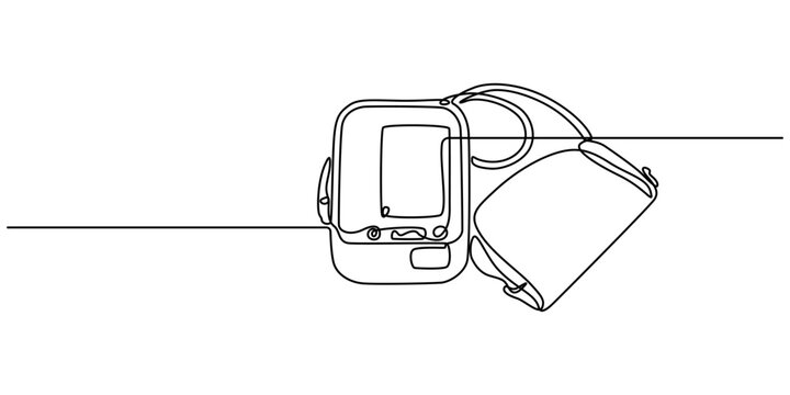 Electronic medical tonometer for measuring blood pressure. Medical healthcare check up analysis, Continuous one line drawing sphygmomanometer. World hypertension day concept. Single line draw design. 