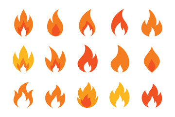 A vibrant set of burning fire flame icons, vectors, and symbols illustrating the power of heat and light