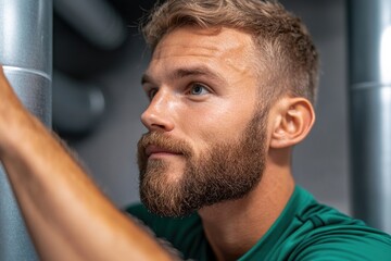 Technician installs gas boiler expertly in a tidy basement workspace