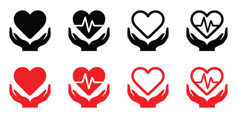 Heart Health Care Icons:  Set of eight vector illustrations depicting hands gently cradling hearts, some with heartbeat monitors, in black and red color schemes.