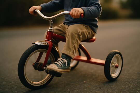Child riding red tricycle outdoors - Powered by Adobe
