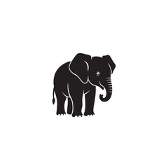 Silhouette of an elephant with its trunk down on a white background