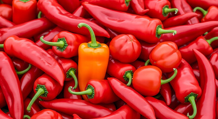 A vibrant pile of fresh red chili peppers with one striking orange pepper