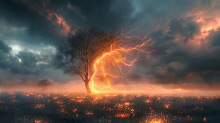 Naklejka premium A lonely tree stands in a field and lightning strikes it against sky at night, thunderstorm