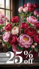Beautiful floral arrangement in a basket showcasing roses and peonies with a promotional offer in a cozy indoor setting