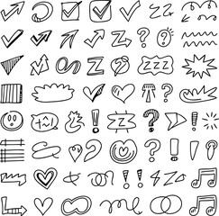 Hand drawn doodle symbols and graphic elements arranged in a simple seamless pattern.