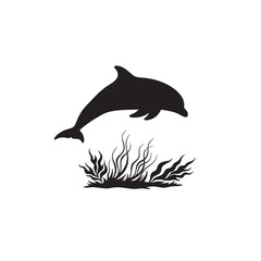 Obraz premium A leaping dolphin above the ocean floor vegetation in a black silhouette