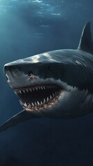 Obraz premium Underwater menace: a large shark with sharp teeth swims, its form partially obscured by the deep ocean.