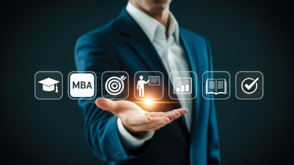 Fototapeta premium A man presents icons related to an mba degree, including a graduation cap, book, and business concepts, symbolizing advanced education and career advancement
