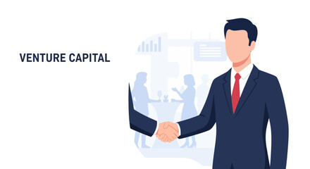 Venture Capital Characters in a Firm Handshake at a Networking Event a Minimalist Vector for Promotional Invitations.