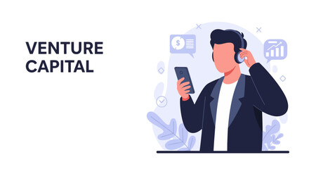 Faceless Venture Capital Character Listening Intently with Smartphone on a Modern Flat Vector Background for Homepage Banners.