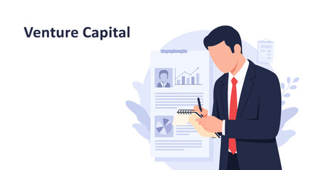 Engaged Venture Capital Character Taking Notes During Pitch an a Clean Modern Vector Illustration for Training Materials.