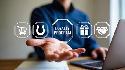 A businessman highlights a loyalty program with icons for shopping, rewards, and customer engagement