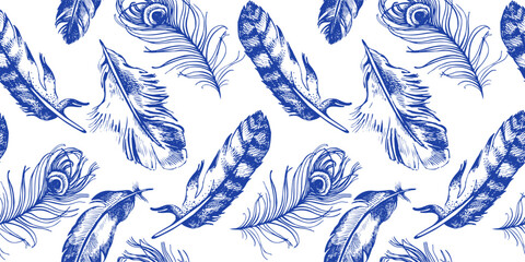 Vintage feather seamless pattern. Hand drawn sketch vector illustration