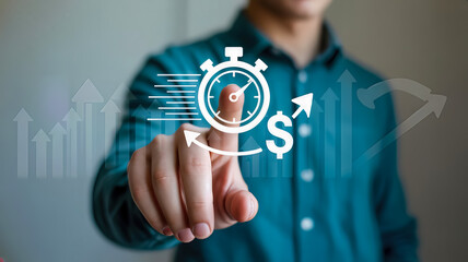 A persons finger points to a stopwatch icon with upward trending graphs and dollar signs, representing time savings and financial growth