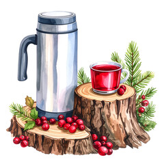 Winter forest tea party with thermos and cranberries on transparent background