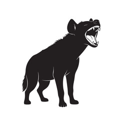 Silhouette of a snarling hyena with its mouth wide open in black