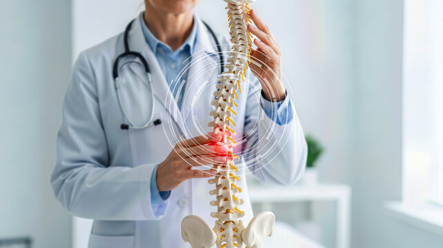 A doctor examines a human spine model, highlighting a painful area, symbolizing medical diagnosis and treatment of spinal conditions