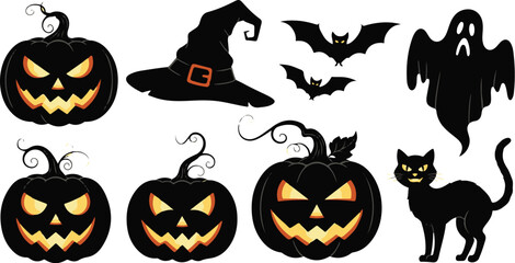 Vector art of a collection of halloween icons including pumpkins, a witch hat, ghost, bat, cat