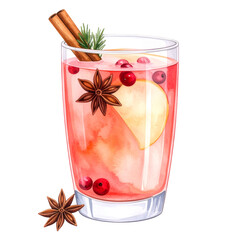 Winter cranberry and apple punch with cinnamon and star anise on transparent background