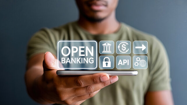 A man holds a smartphone displaying the concept of open banking with various financial and technology icons