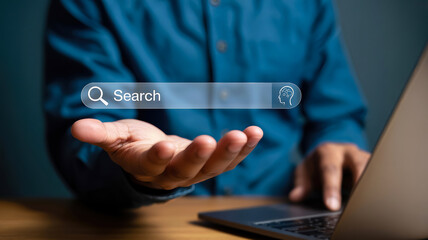 A person holds out their hand with a search bar interface, symbolizing the vastness of online information retrieval