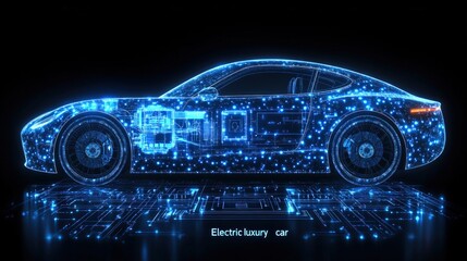 Futuristic electric car design, highlighted with glowing lines