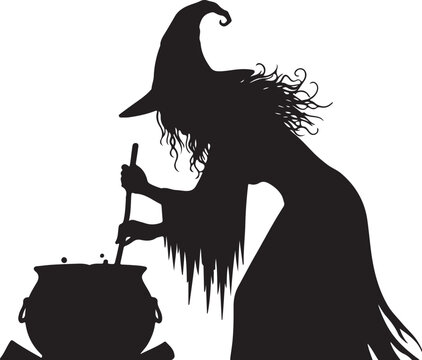 Vector art of witch silhouette stirring a bubbling cauldron