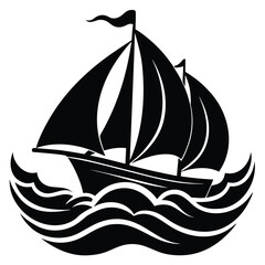 A striking silhouette vector illustration of a sailing ship on the ocean, perfect as a nautical symbol or logo design