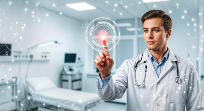 A doctor in a modern clinic touches a glowing digital interface with a fingerprint icon, representing advanced medical technology and patient identification