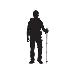 Silhouette of a Hiker with Backpack and Trekking Pole Against White Background