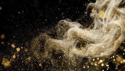 Abstract gold smoke and glitter on black background