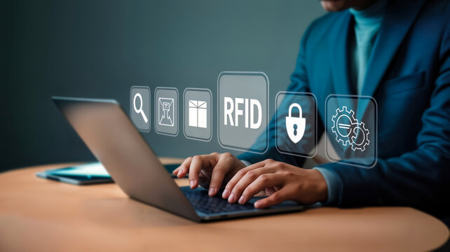 A businessman in a suit types on a laptop, with digital icons representing rfid, search, email, lock, and settings floating above the keyboard