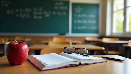 A quiet classroom features an open book and glasses placed beside a red apple on a wooden desk, with chalkboards filled with math equations in the background