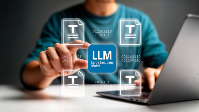 A person interacts with a laptop, touching a glowing blue icon labeled llm large language model surrounded by document icons